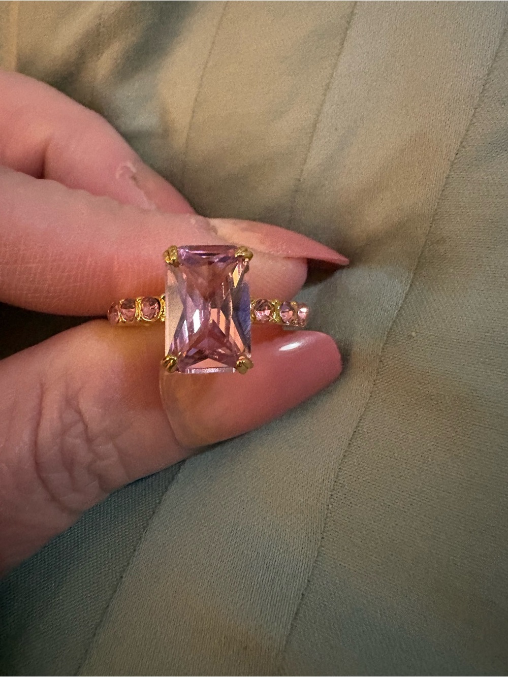 Gold-Plated Ring with Rectangular Pink Gemstone - Women Jewelry